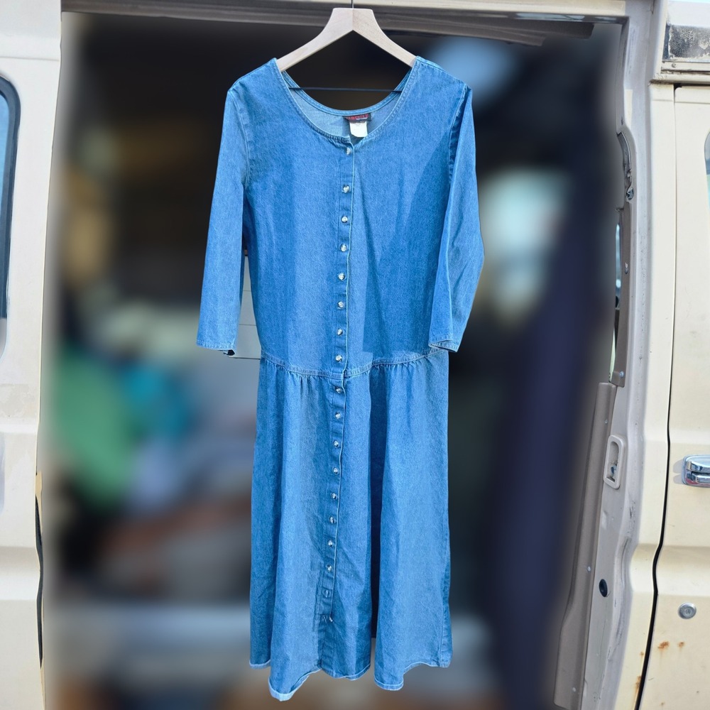 VTG Sunbelt‎ Sportswear Denim Dress Blue Womens Large Button Front Midi USA Made